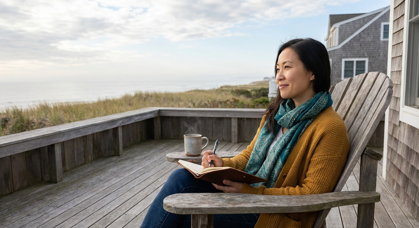 Woman journaling on beach house deck, representing emotional wellbeing
