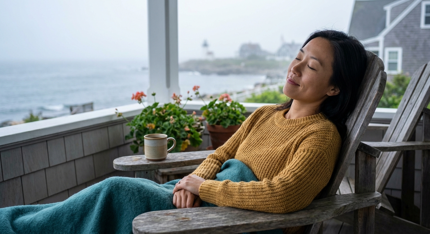 Woman resting peacefully on coastal porch, representing recovery from chronic fatigue