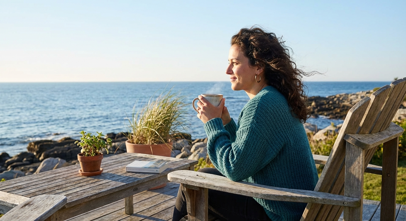 Woman enjoying peaceful moment on patio, representing hormonal wellness